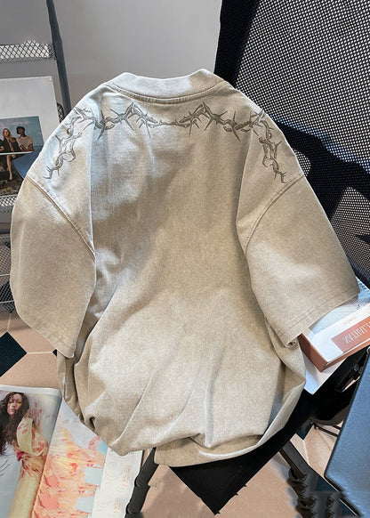 Vintage Khaki O Neck Print Solid Cotton Mens T shirt Summer YL006