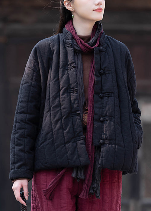 Vintage Khaki Stand Collar Button Pockets Cotton Filled Parkas Winter QO061