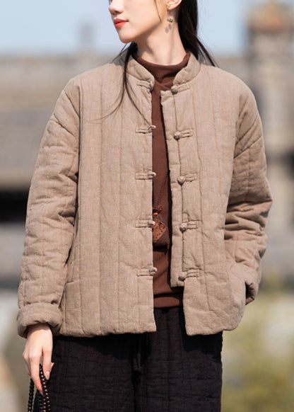 Vintage Khaki Stand Collar Button Pockets Cotton Filled Parkas Winter QO061