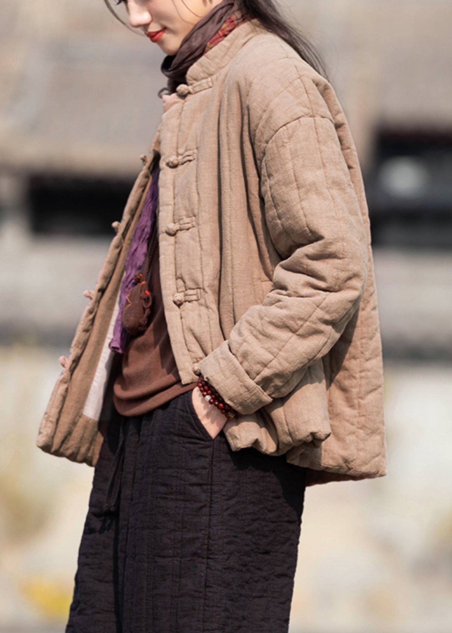 Vintage Khaki Stand Collar Button Pockets Cotton Filled Parkas Winter QO061