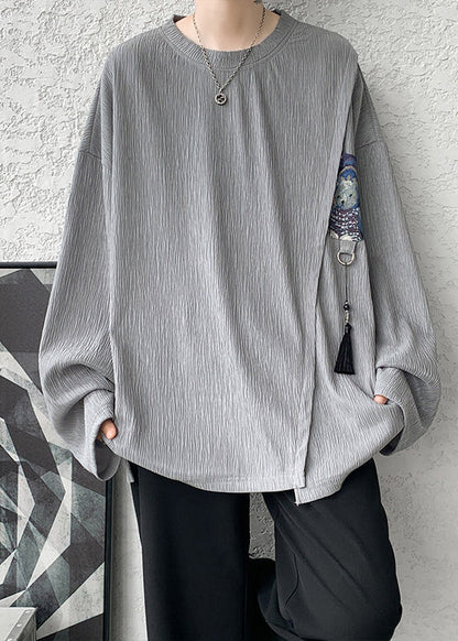 Vintage Khaki Tasseled Patchwork Cotton T Shirts Men Apparel Fall EQ018