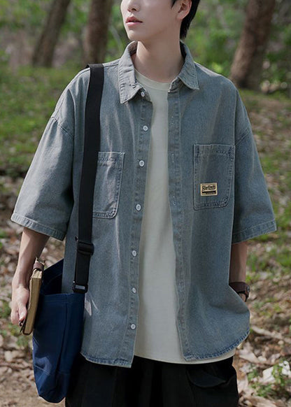 Blue Shirts Denim Pockets Collar Peter Button Vintage Pan Light