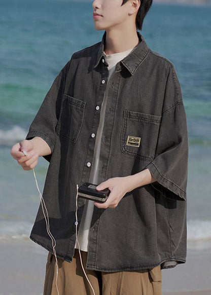 Blue Shirts Denim Pockets Collar Peter Button Vintage Pan Light