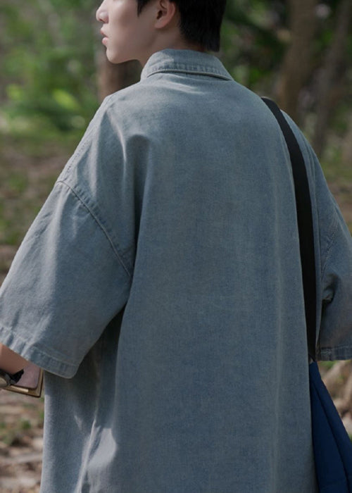 Blue Shirts Denim Pockets Collar Peter Button Vintage Pan Light