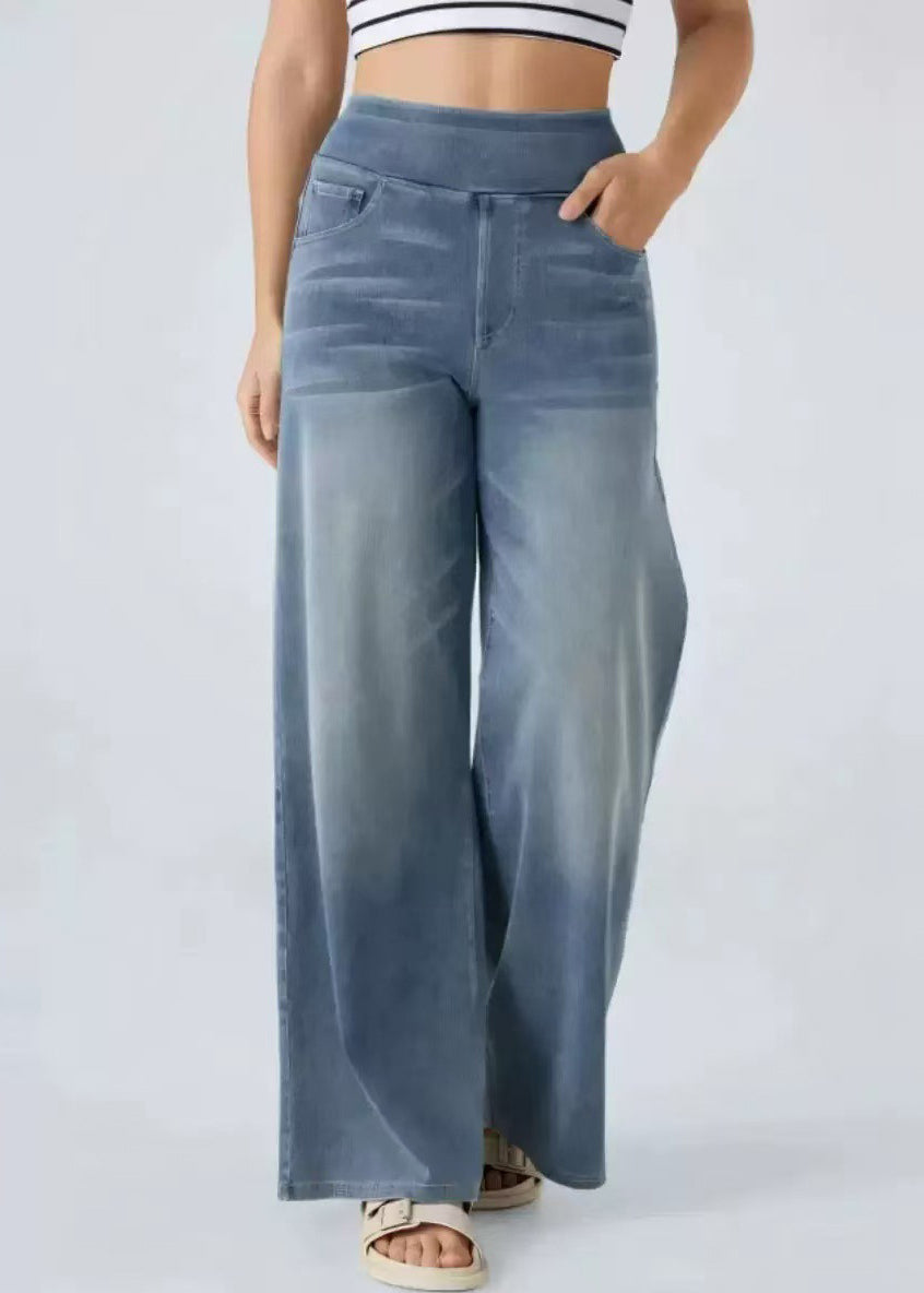 Leg Elastic Blue Light Wide Pants Pockets Denim Vintage Waist