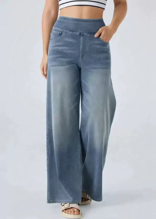 Leg Elastic Blue Light Wide Pants Pockets Denim Vintage Waist
