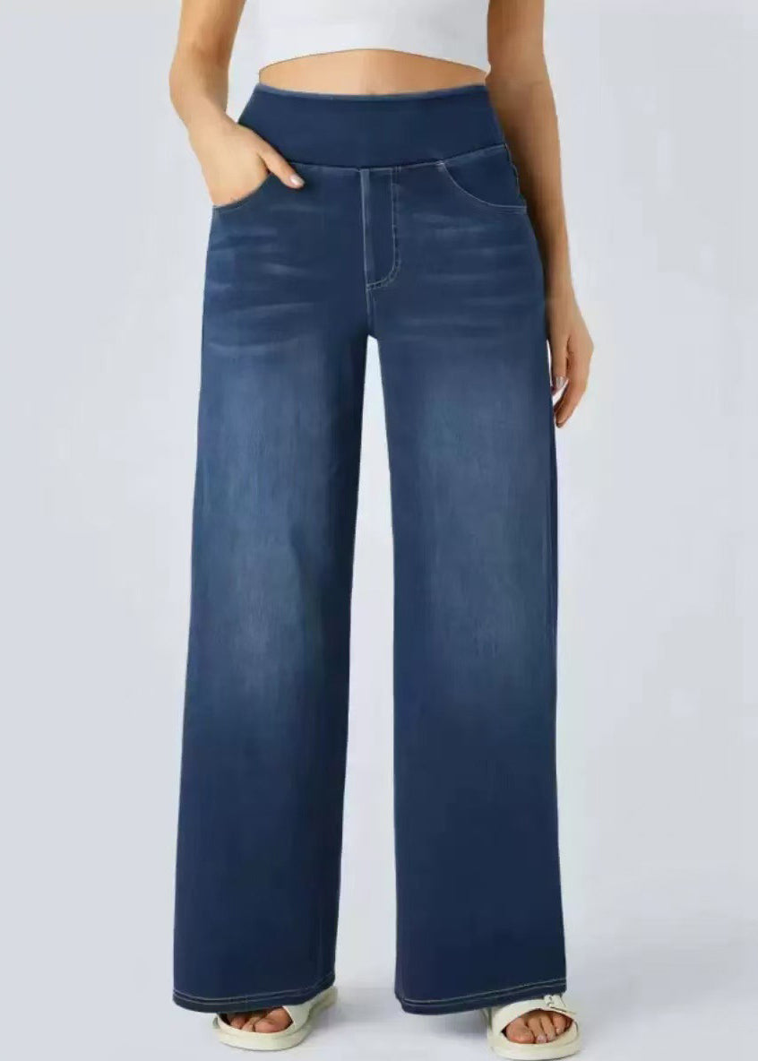 Leg Elastic Blue Light Wide Pants Pockets Denim Vintage Waist