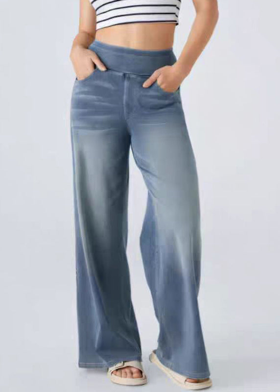 Leg Elastic Blue Light Wide Pants Pockets Denim Vintage Waist