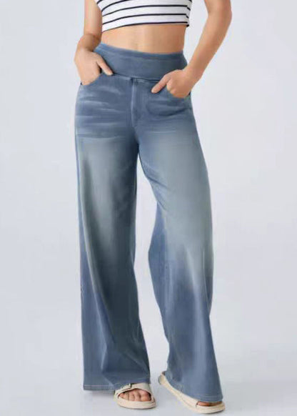Leg Elastic Blue Light Wide Pants Pockets Denim Vintage Waist