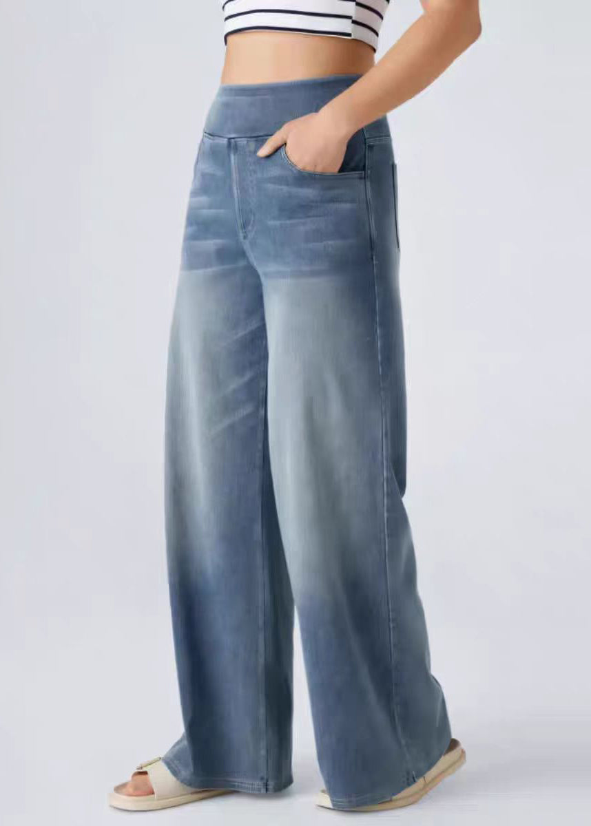 Leg Elastic Blue Light Wide Pants Pockets Denim Vintage Waist
