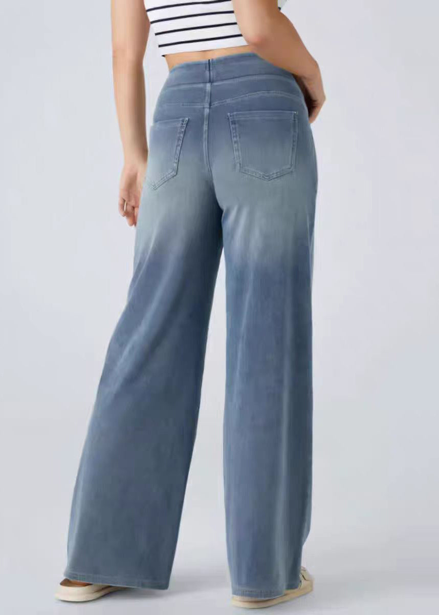 Leg Elastic Blue Light Wide Pants Pockets Denim Vintage Waist
