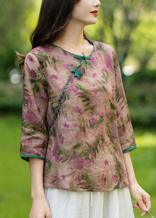 Vintage Pink Floral Linen Shirts Bracelet Sleeve AP058