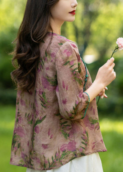 Vintage Pink Floral Linen Shirts Bracelet Sleeve AP058