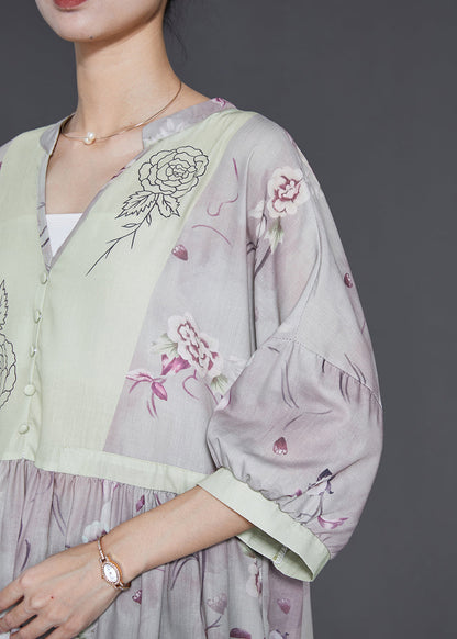 Vintage Light Purple V Neck Print Linen Dress Summer SD1023