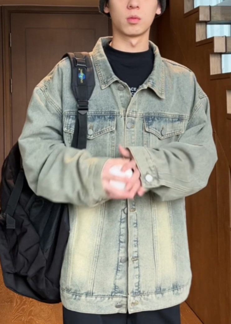 Mens Vintage Yellow Coats Denim Collar Peter Mud Pan Button