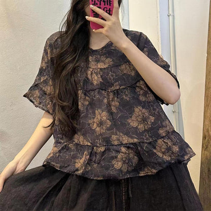 Vintage Navy Blue Print Patchwork Linen Top Summer VB1063