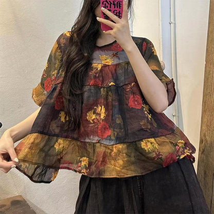 Vintage Navy Blue Print Patchwork Linen Top Summer VB1063