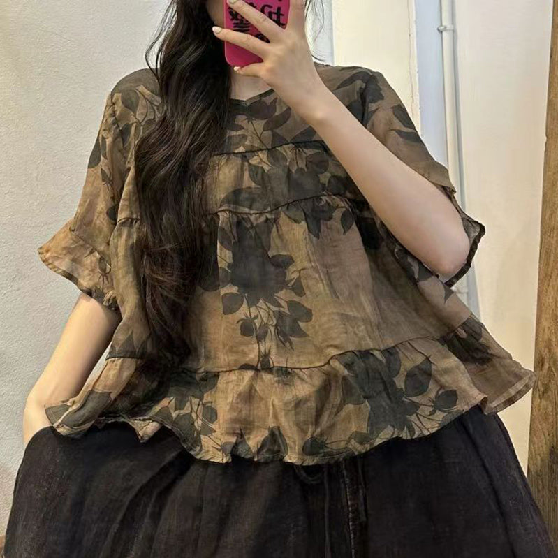 Vintage Navy Blue Print Patchwork Linen Top Summer VB1063