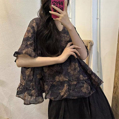 Vintage Navy Blue Print Patchwork Linen Top Summer VB1063