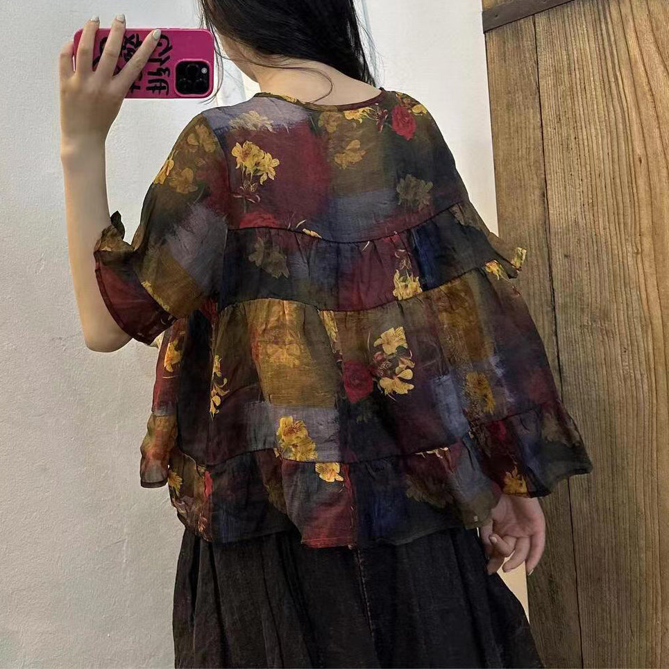 Vintage Navy Blue Print Patchwork Linen Top Summer VB1063