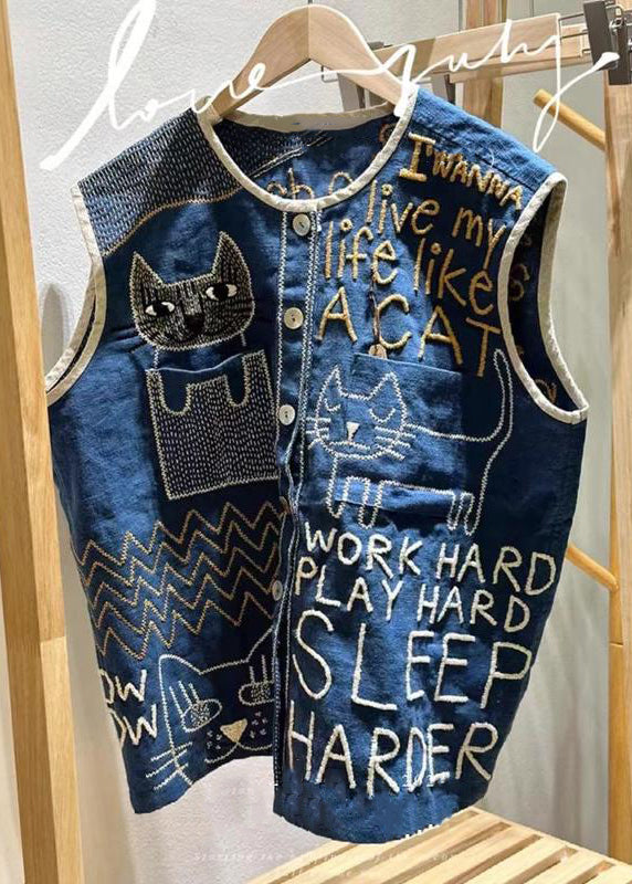 Vintage Navy Embroideried Sleeveless Linen Vest Beach