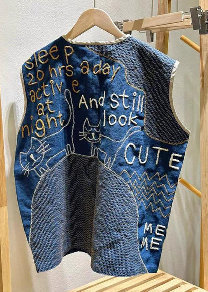 Vintage Navy Embroideried Sleeveless Linen Vest Beach