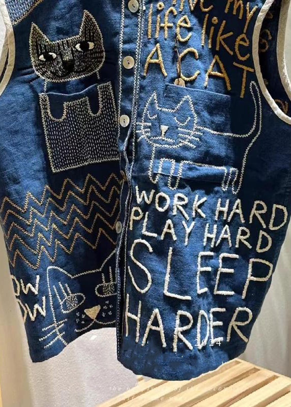 Vintage Navy Embroideried Sleeveless Linen Vest Beach