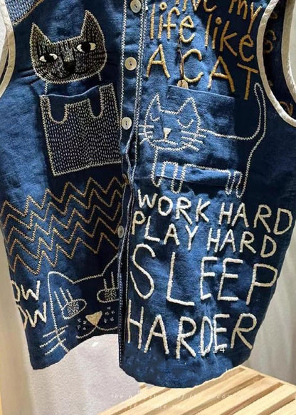 Vintage Navy Embroideried Sleeveless Linen Vest Beach