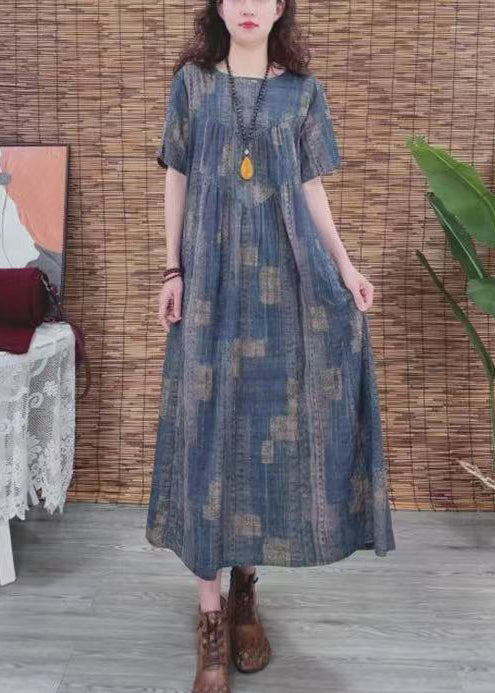 Summer Oversized Cotton Print Vintage Navy Dress