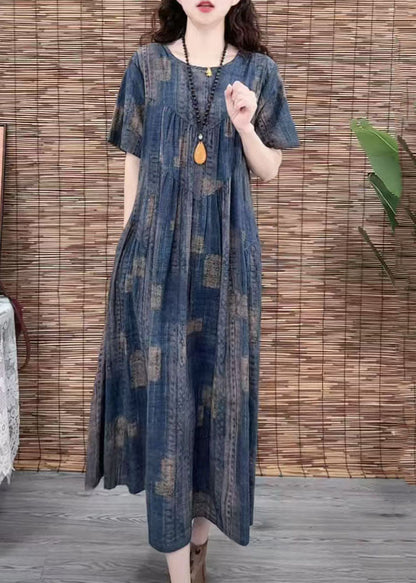 Summer Oversized Cotton Print Vintage Navy Dress