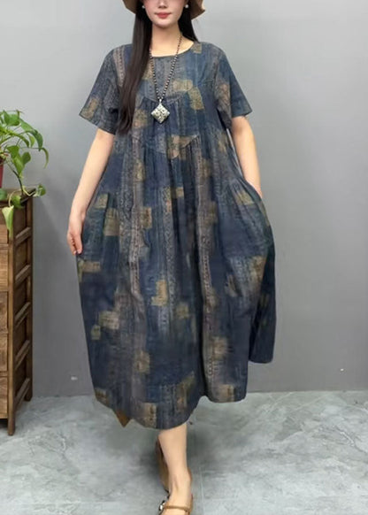 Summer Oversized Cotton Print Vintage Navy Dress