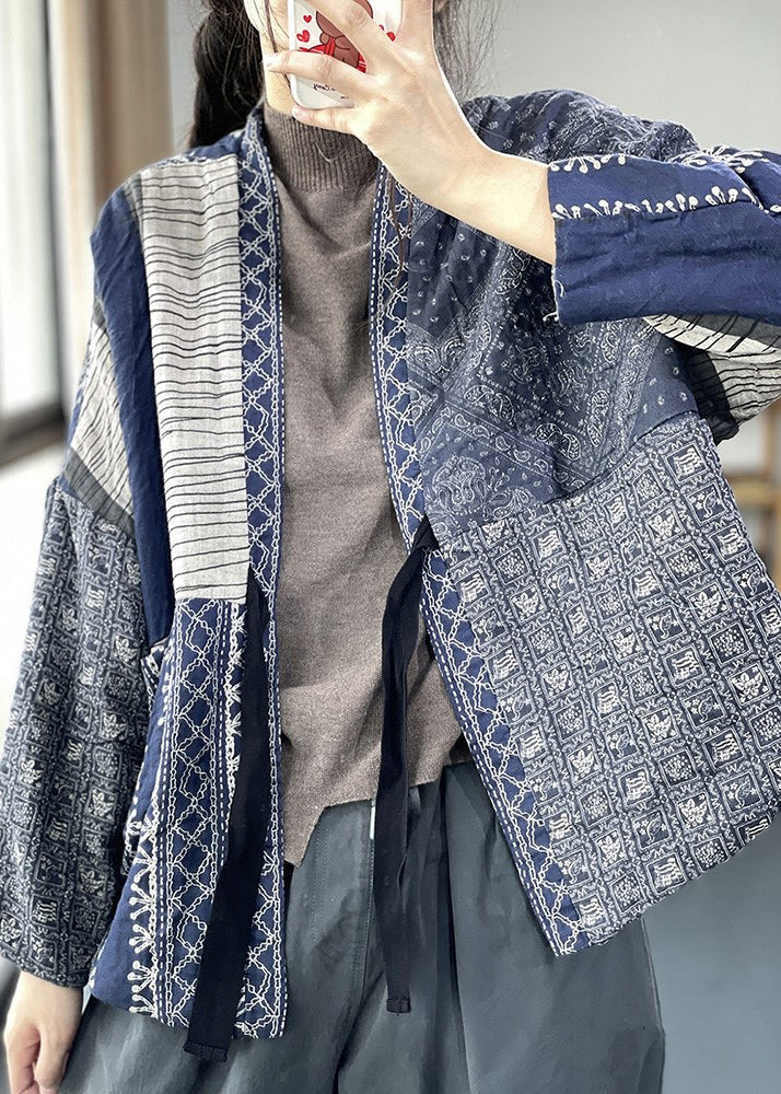 Vintage Navy Oversized Print Fine Cotton Filled Jackets Spring OO013