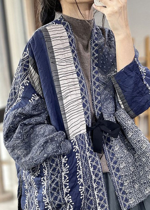 Vintage Navy Oversized Print Fine Cotton Filled Jackets Spring OO013