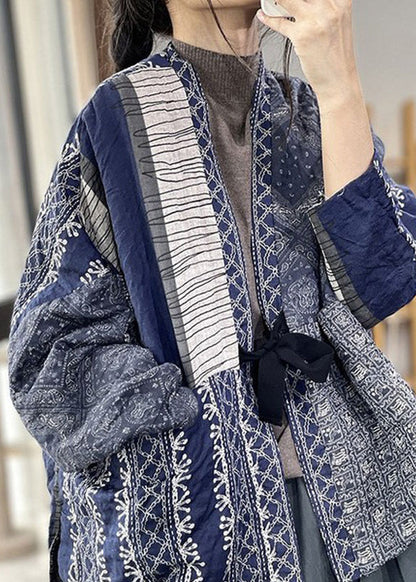 Vintage Navy Oversized Print Fine Cotton Filled Jackets Spring OO013