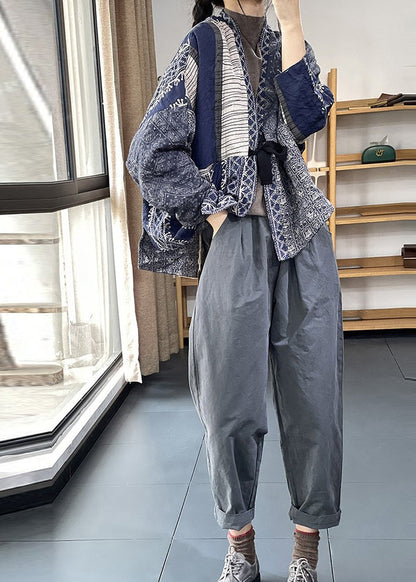 Vintage Navy Oversized Print Fine Cotton Filled Jackets Spring OO013