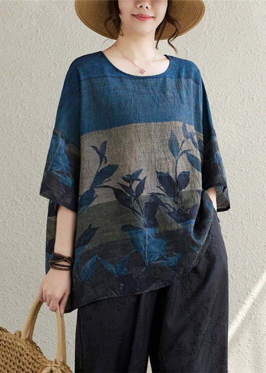 Vintage Linen Print Oversized Summer Tanks Navy