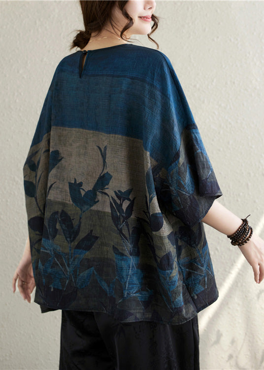 Vintage Linen Print Oversized Summer Tanks Navy