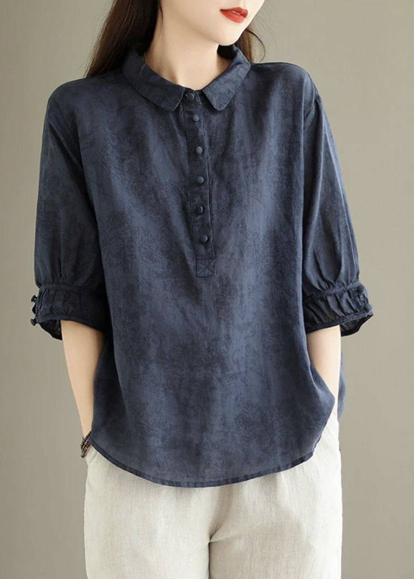 Navy Pan Collar Summer Cotton Vintage Print Peter Shirt Top