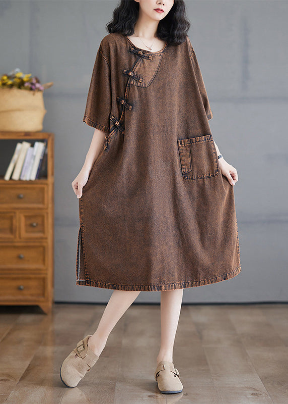 O-Neck Open Short Side Long Button Denim Dresses Vintage Sleeve