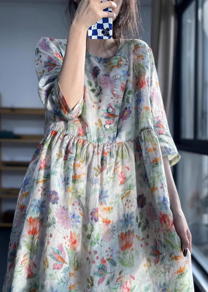 Vintage O Neck Print Patchwork Cotton Dress Bracelet Sleeve LK012