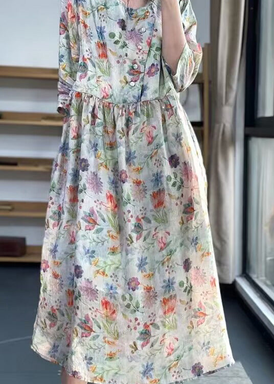 Vintage O Neck Print Patchwork Cotton Dress Bracelet Sleeve LK012