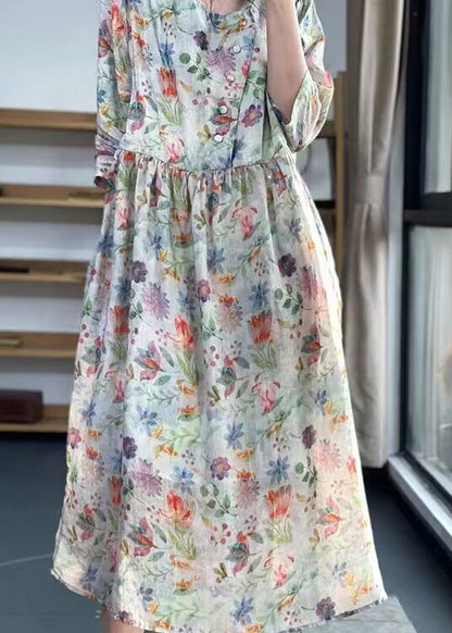 Vintage O Neck Print Patchwork Cotton Dress Bracelet Sleeve LK012