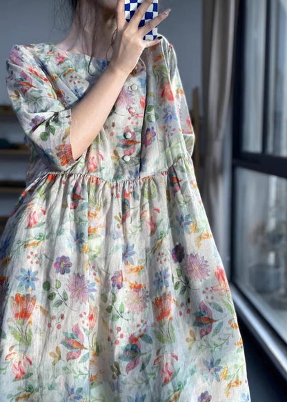 Vintage O Neck Print Patchwork Cotton Dress Bracelet Sleeve LK012