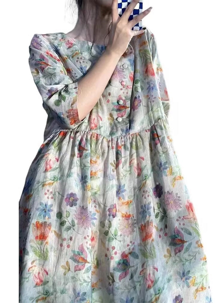 Vintage O Neck Print Patchwork Cotton Dress Bracelet Sleeve LK012