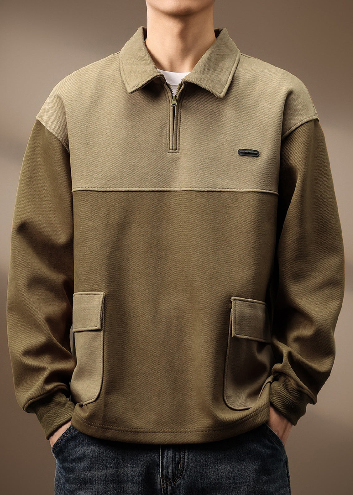 Cotton Spring Zip Green Olive Pockets Mens Vintage Sweatshirt Patchwork Up TC014