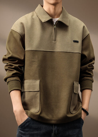 Cotton Spring Zip Green Olive Pockets Mens Vintage Sweatshirt Patchwork Up TC014