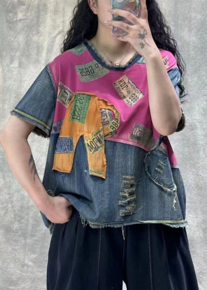 Vintage Orange Print Hole Patchwork T Shirt Denim Summer VV070