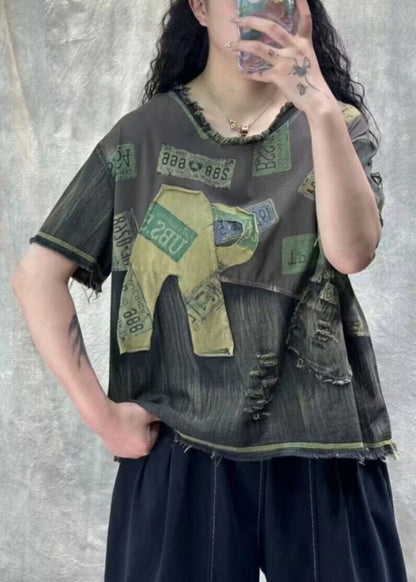 Vintage Orange Print Hole Patchwork T Shirt Denim Summer VV070