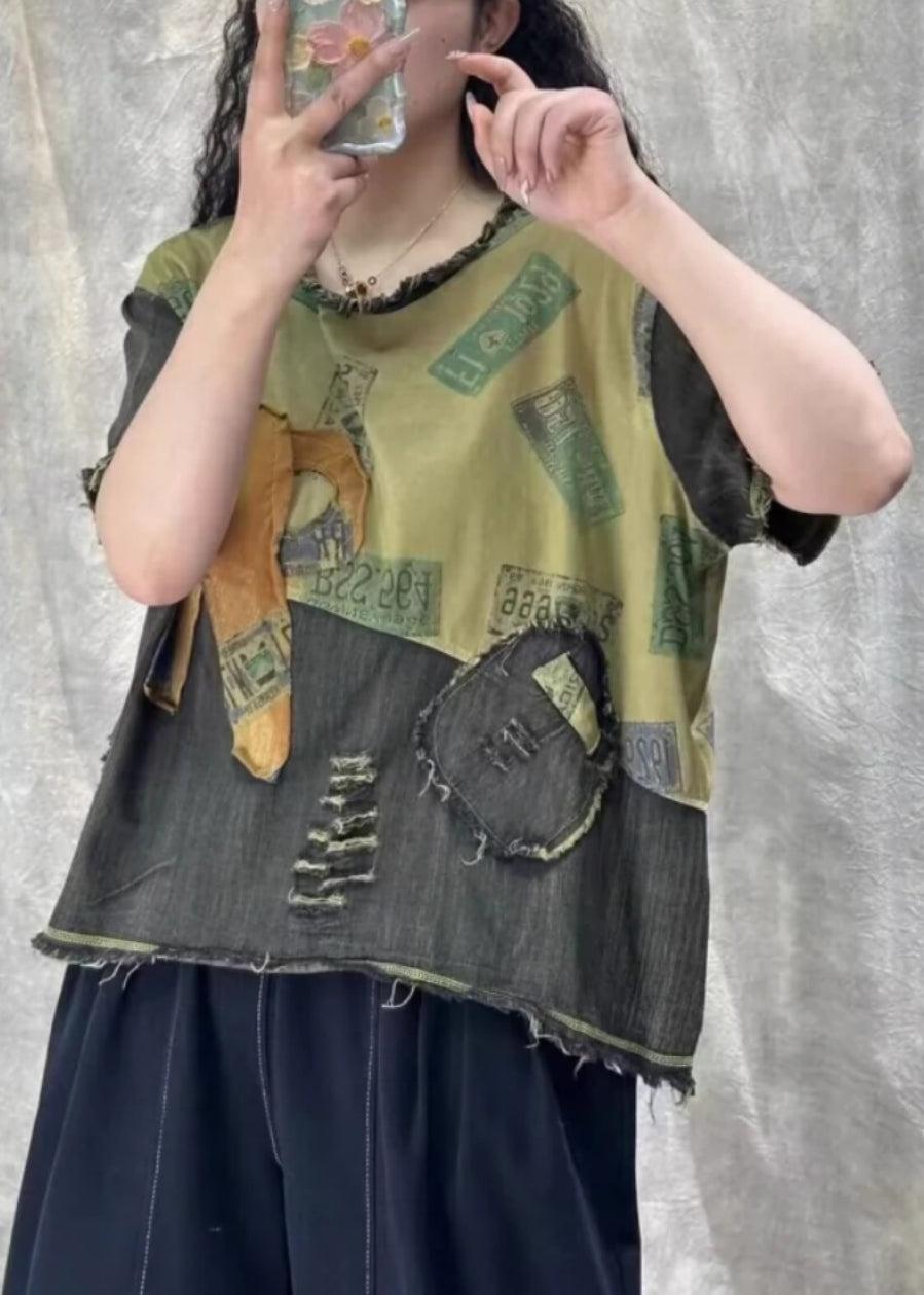 Vintage Orange Print Hole Patchwork T Shirt Denim Summer VV070