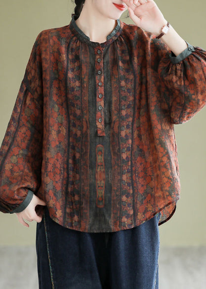 Vintage Orange Stand Collar Print Button Linen Shirts Long Sleeve AP063